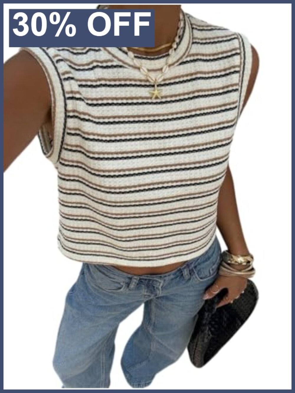 Women's Crochet Tank Top Striped Knit Sleeveless Vest Casual Summer Top